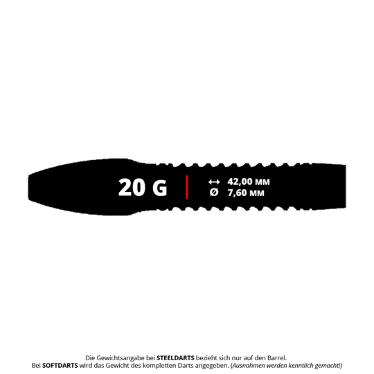 Caliburn Wolfpack W4 stalen dartpijlen - 20g Das Bild zeigt die Produktdetails der Caliburn Wolfpack W4 Steeldarts mit 20 Gramm Gewicht. Die Länge des Barrels beträgt 42,00 mm und der Durchmesser 7,60 mm.