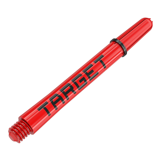 Target Pro Grip TAG Shafts - 3 sets - Rood Auf dem Bild ist ein roter Dart-Schaft mit der Aufschrift "TARGET" zu sehen. Der Schaft hat am Ende ein Schraubgewinde und einen schwarzen Gummiring.