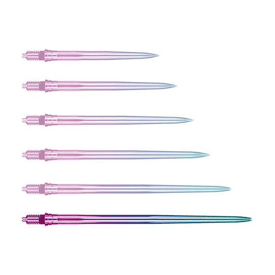 Caliburn EZ-EVO dartpunten - Glad - Regenboog Das Bild zeigt Dartspitzen mit einem glatten, regenbogenfarbenen Design und einer Länge von 50 mm. Diese Dartspitzen sind ideal für den Einsatz beim Dartspiel geeignet.