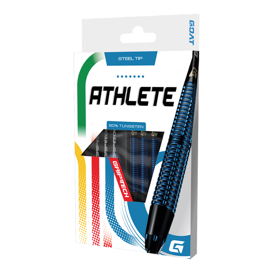 GOAT Atleet Blauwe Wolfraam Stalen Darts Das Foto zeigt die GOAT Athlete Black Tungsten Steeldarts. Diese Steeldarts zeichnen sich durch ihre Robustheit aus.