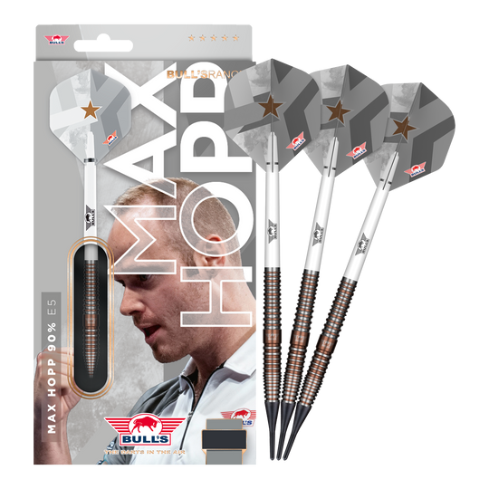 Zu sehen ist das Set Bulls NL Max Hopp E5 Softdarts im Gewicht 20g. Die Darts sind ideal für Softdart-Enthusiasten geeignet.