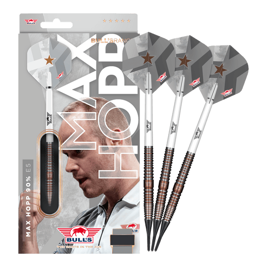 Bulls NL Max Hopp E5 soft darts - 20g Zu sehen ist das Set Bulls NL Max Hopp E5 Softdarts im Gewicht 20g. Die Darts sind ideal für Softdart-Enthusiasten geeignet.