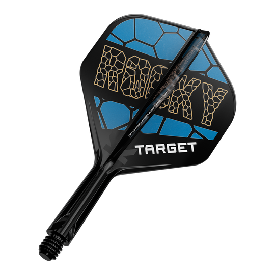 Target K-Flex Josh Rock No2 Standaard Vlucht Shaft Systeem Auf dem Bild ist ein Dart-Flight-System mit der Aufschrift „ROCKY“ in gelber Schrift zu sehen. Das Design ist schwarz und blau und darunter steht das Wort „TARGET“.