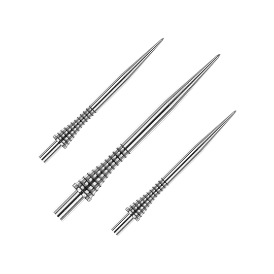 Red Dragon Raptor Gripped Zilveren stalen dartpunten 38mm Das Bild zeigt drei silberne Steeldartspitzen mit geriffeltem Griffdesign. Es handelt sich um das Produkt "Red Dragon Raptor Gripped Silver Steeldartspitzen 38mm".