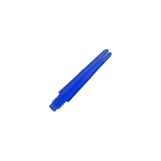 L-L-Style-Shafts Locked Straight - Blauw Auf dem Bild ist ein gerader, blauer Dart-Schaft ohne Kappen zu sehen. Er hat ein Gewinde am unteren Ende und ist 26 mm lang.