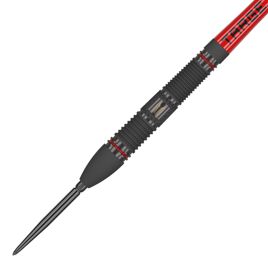 Target Scope 02 Swiss Point stalen darts Das Bild zeigt einen Target Scope 02 Swiss Point Steeldart mit einem schwarzen und roten Design. Der Dartpfeil hat eine gerillte Griffzone und eine scharfe Metallspitze.