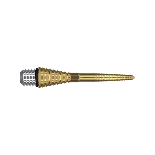 380178_Target_Titanium_Swiss_Point_Grooved_Conversion_Points_Gold_26mm_2 Das Bild zeigt einen Target Swiss Point Grooved Conversion Point in Gold. Die Spitze ist aus Metall und hat ein geriffeltes Design mit einer goldenen Farbe.