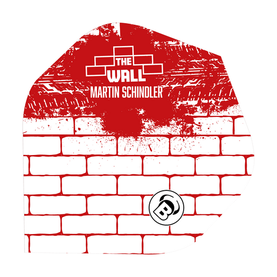 Bulls Metrixx Martin Schindler Wit Rood No2 Standaard Vluchten Das Bild zeigt ein Dart-Flight mit einem weißen Ziegelmuster und roten Farbspritzern. Oben steht „THE WALL MARTIN SCHINDLER“ und unten ist ein „B“-Logo abgebildet.