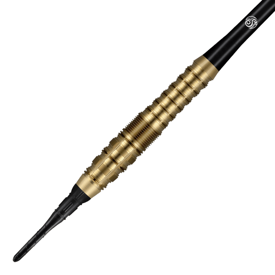 Shot Redline Gizmo Soft Darts - 20g Das Bild zeigt einen Shot Redline Gizmo Softdart mit einem Gewicht von 20 Gramm. Der Dartpfeil hat einen goldfarbenen, geriffelten Griffbereich und eine schwarze Spitze.