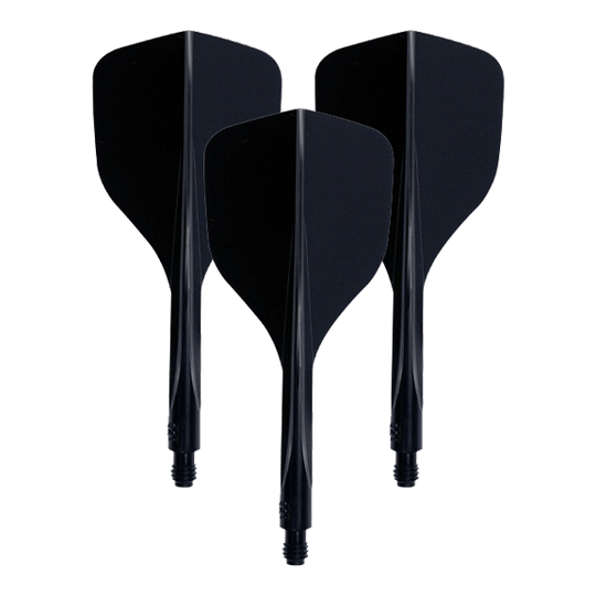Das Bild zeigt drei schwarze Dart-Flights mit integriertem Schaft. Es handelt sich um das Produkt "Condor Axe 120 Flight-System Schwarz - Small".
