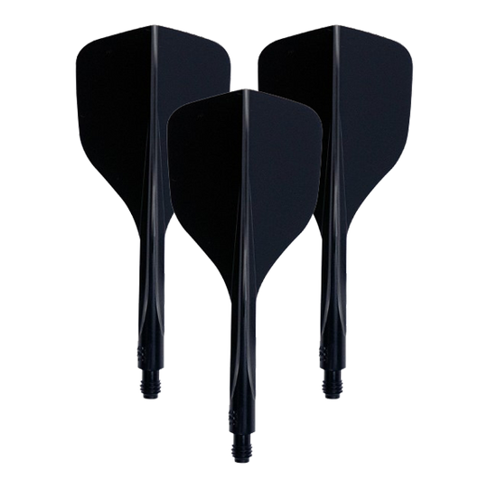 Condor Ax 120 Flight System Zwart - Klein Das Bild zeigt drei schwarze Dart-Flights mit integriertem Schaft. Es handelt sich um das Produkt "Condor Axe 120 Flight-System Schwarz - Small".