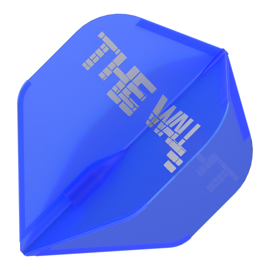 Dies ist ein blauer Dartflight mit der Aufschrift "THE WALL" in silberner Schrift. Das Produkt heißt "L-Style Martin Schindler Blau L1EZ Flights".
