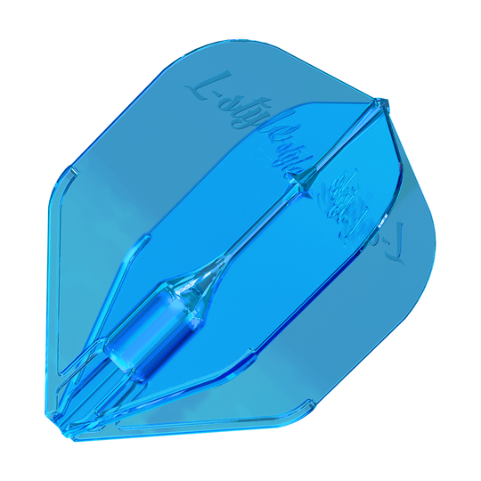 L-Style Fantom L3EZ Vluchten Blauw Das Bild zeigt ein blaues Dart-Flight mit dem Namen "L-Style Fantom L3EZ". Es hat eine transparente Optik und die Aufschrift "L-Style" ist darauf zu sehen.