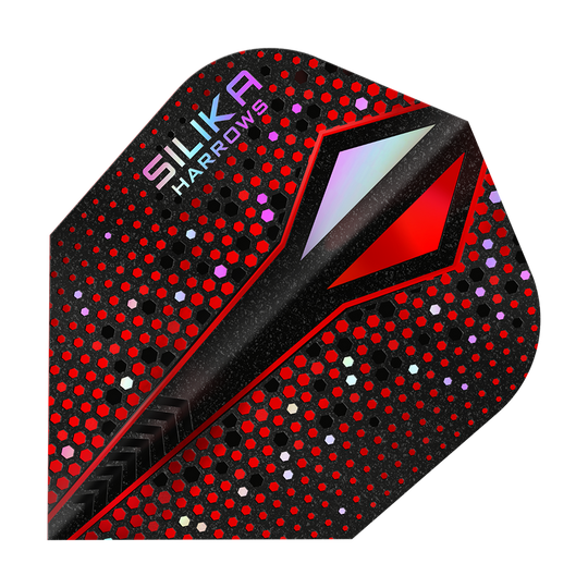 Harrows Silika Colourshift Tough Crystalline Coating Rood-X No6 Vluchten Das Bild zeigt ein Dart-Flight mit einem auffälligen roten und schwarzen Punktmuster. In der oberen Ecke steht der Schriftzug "Silika Harrows".