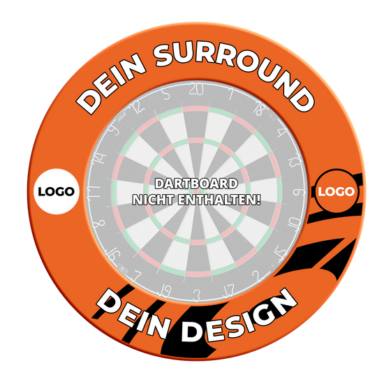 Dartbordomlijsting met uw eigen ontwerp Abgebildet ist ein Dartboard Surround in Neonorange mit besonderem Design. Der Dateiname lautet 'MSF-NeonOrange_Dartboard_Surround_Wunschdruck_NeonOrange_3'.