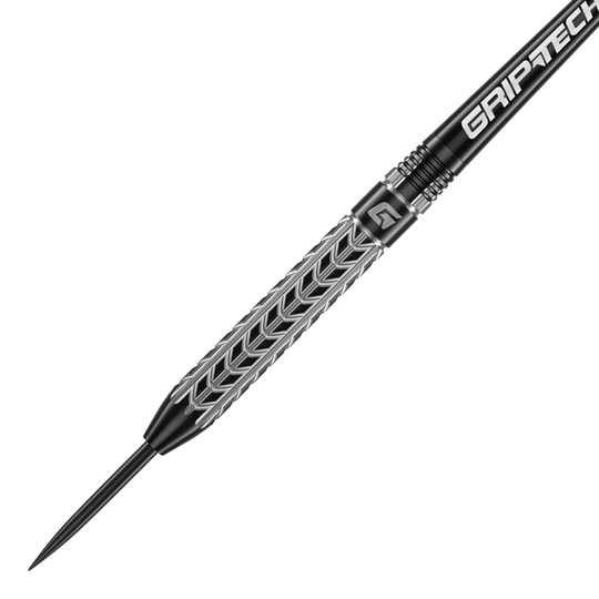 GOAT Traction Tungsten Steel Darts Das Bild zeigt einen GOAT Traction Tungsten Steeldart mit einem silbernen, strukturierten Griffbereich. Auf dem Schaft steht in weißer Schrift "GRIPTECH".