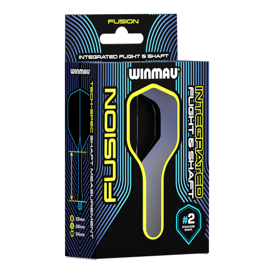 Winmau Fusion Flight Shaft System Standaard Zwart Auf dem Bild ist eine Verpackung des Winmau Fusion Integrated Flight & Shaft Systems zu sehen. Die Schachtel ist schwarz mit blauen und gelben Akzenten und enthält Flights und Shafts für Darts.