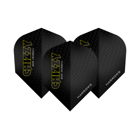 Das Bild zeigt drei Dartflights der Marke Harrows aus der Dave Chisnall Chizzy Series 3. Die Flights sind schwarz mit gelbem Schriftzug „CHIZZY“ und verfügen über ein dezentes Rautenmuster.