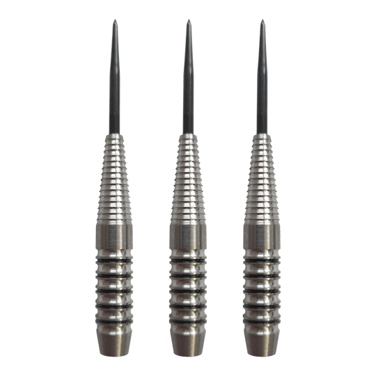 McDart Black Ring Shark stalen dartpijlen - 24 g Abgebildet ist das Produkt McDart Black Ring Shark Steeldart-Barrels - 24g. Das Bild zeigt Dart-Barrels mit schwarzem Ringmuster.