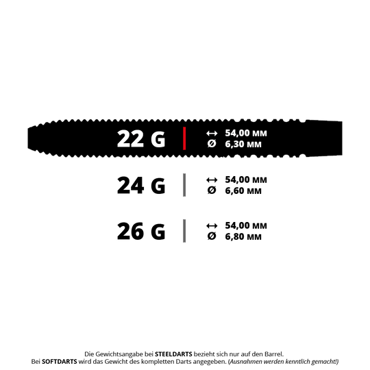 Caliburn V-Series V2 stalen darts Abgebildet ist ein Steeldart-Set. Das Produkt ist laut Dateiname ein Caliburn V-Series V2 Steeldart mit 22 Gramm.
