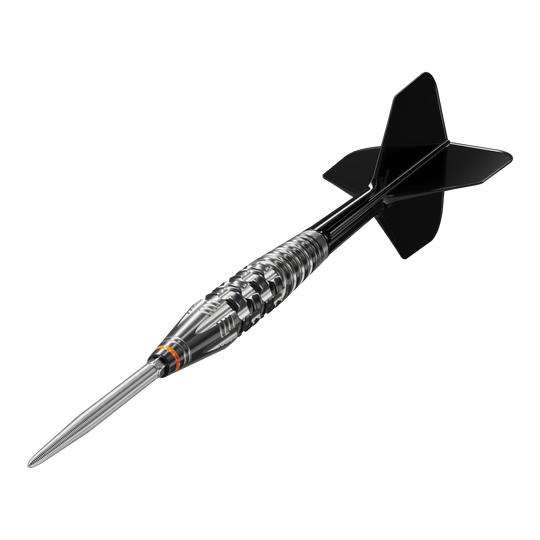 Target Japan Black Marque Dancing Duck GEN 4 Zachte Darts - 17g Das Bild zeigt einen stilvollen Softdart mit schwarzem Flight und silbernem Barrel. Es handelt sich um das Produkt "Target Japan Black Marque Dancing Duck GEN 4 Softdarts - 17g".