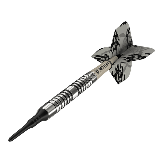 Target EXO 10 Zachte Darts Das Bild zeigt einen Target EXO 10 Softdart. Der Dartpfeil hat ein silbernes, gerieftes Barrel und schwarz-graue Flights mit Muster.