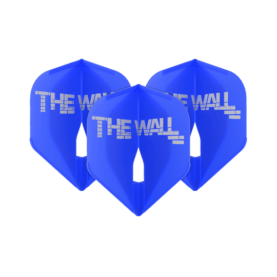 Das Bild zeigt drei blaue Dartflights mit der Aufschrift "THE WALL". Es handelt sich um das Produkt 'L-Style Martin Schindler Blau L1PRO Flights'.