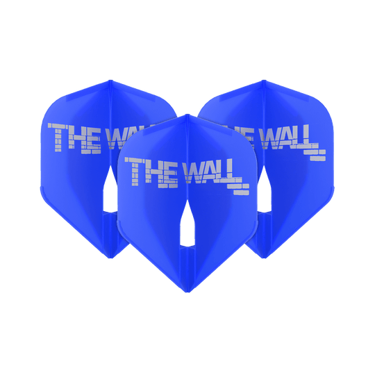 L-Style Martin Schindler Blue L1PRO Vluchten Das Bild zeigt drei blaue Dartflights mit der Aufschrift "THE WALL". Es handelt sich um das Produkt 'L-Style Martin Schindler Blau L1PRO Flights'.