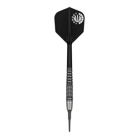 Dies ist ein Softdart aus der Target Japan Prime Series, Modell Harold Ching GEN1 Zenith MAX mit 21g. Der Dart hat ein schwarzes Flight mit weißem Aufdruck und einen silber-schwarzen Griffbereich.