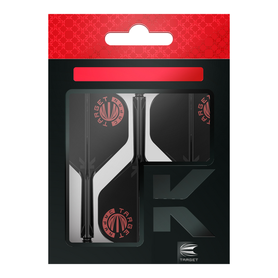 Die Verpackung zeigt das Produkt "Target Japan K-Flex Original Logo Red Black No2 Flight-Shaft-System". In der Packung sind schwarze und weiße Flights mit rotem Target-Logo sichtbar.