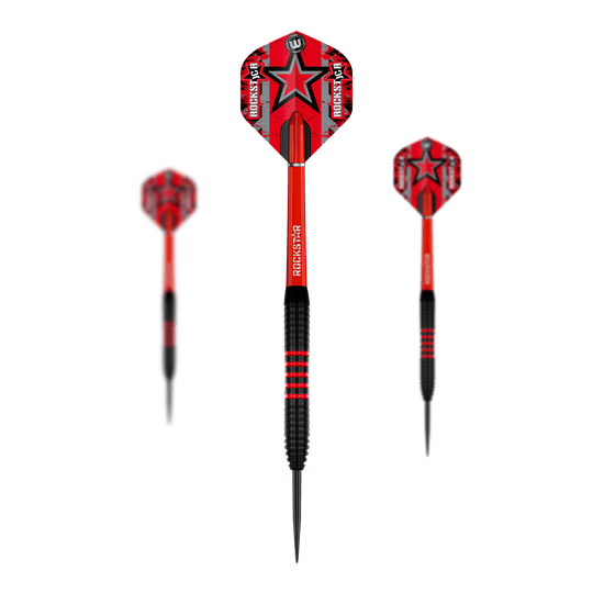 Winmau Joe Cullen Brass Steeldarts - 20g Das Bild zeigt drei Winmau Joe Cullen Brass Steeldarts mit einem Gewicht von 20g. Die Darts haben rote Flights mit einem schwarzen Stern und schwarzen sowie roten Griffbereichen.