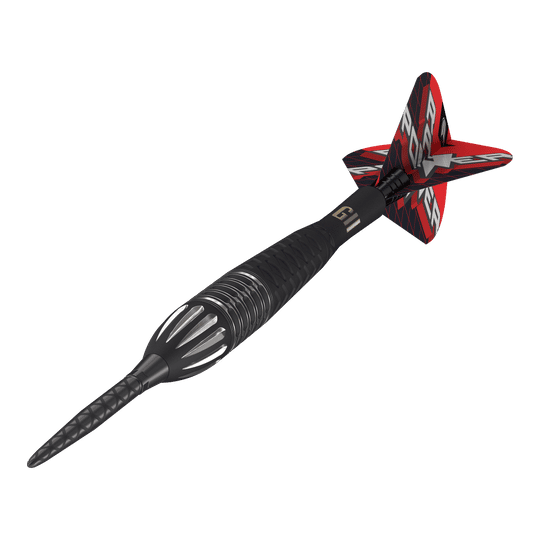 Das Bild zeigt einen Target Phil Taylor RAW Power 9Five GEN11 Swiss Point Steeldart. Der Dartpfeil hat ein schwarzes und silbernes Design mit roten Flights und der Aufschrift "POWER".