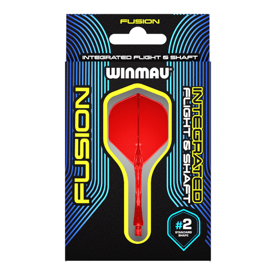 Das Bild zeigt eine Verpackung für das Winmau Fusion Integrated Flight & Shaft System in Rot. Im Mittelpunkt ist ein integrierter Dart-Flügel mit Schaft der Größe #2 im Standard-Shape zu sehen.