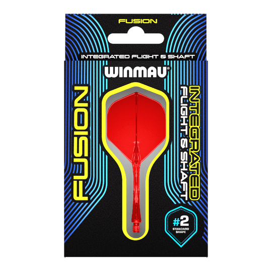 Winmau Fusion Flight Shaft System Standaard Rood Das Bild zeigt eine Verpackung für das Winmau Fusion Integrated Flight & Shaft System in Rot. Im Mittelpunkt ist ein integrierter Dart-Flügel mit Schaft der Größe #2 im Standard-Shape zu sehen.