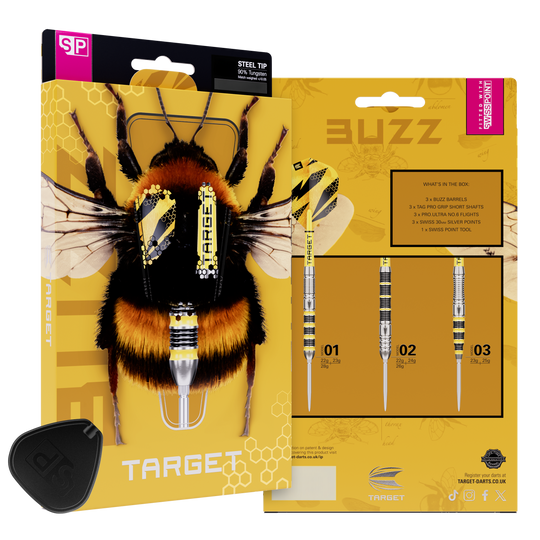 Target Buzz 01 Swiss Points stalen dartpijlen Hier sieht man Target Buzz 01 Swiss Points Steeldarts. Die Darts zeichnen sich durch ihr spezielles Swiss Points System aus.