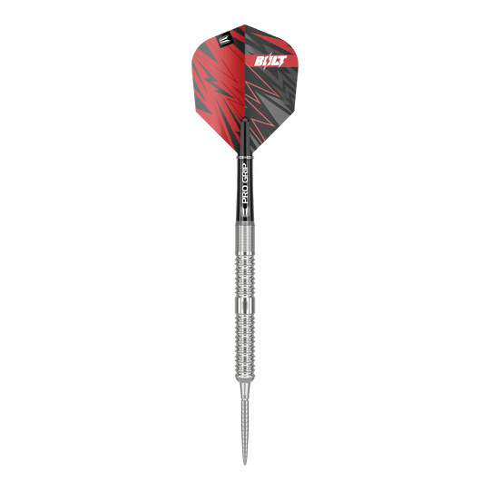 Dies ist ein Steeldart namens „Target Sebastian Bialecki GEN1 Swiss Point“ mit einem Gewicht von 22 Gramm. Der Dart hat eine silberne Spitze und Schaft, sowie ein rotes und schwarzes Flight-Design.