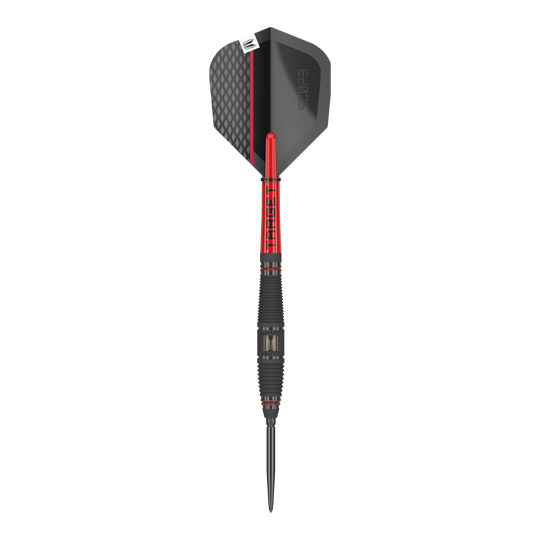 Target Scope 03 Swiss Point stalen darts Das Bild zeigt einen Target Scope 03 Swiss Point Steeldart. Der Dart hat ein modernes Design mit schwarzen und roten Elementen sowie einer strukturierten Griffzone.