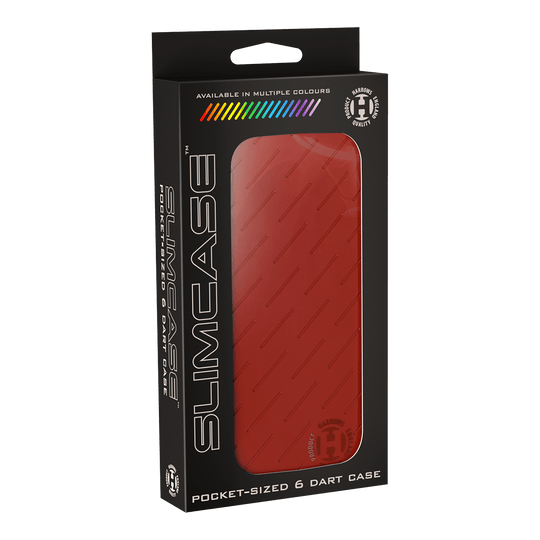 Harrows Slimcase Dart Case Dies ist eine rote Slimcase Darttasche von Harrows, die in einer schwarzen Verpackung präsentiert wird. Die Tasche ist für sechs Darts geeignet und passt in die Hosentasche.