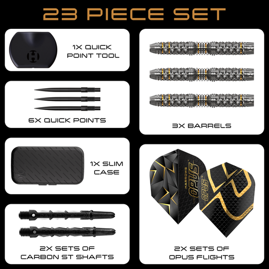 Harrow's Opus Quick Point stalen dartpijlen Auf dem Bild sind die Harrows Opus Quick Point Steeldarts mit 23g zu sehen. Diese Darts eignen sich für das Steeldartspiel.