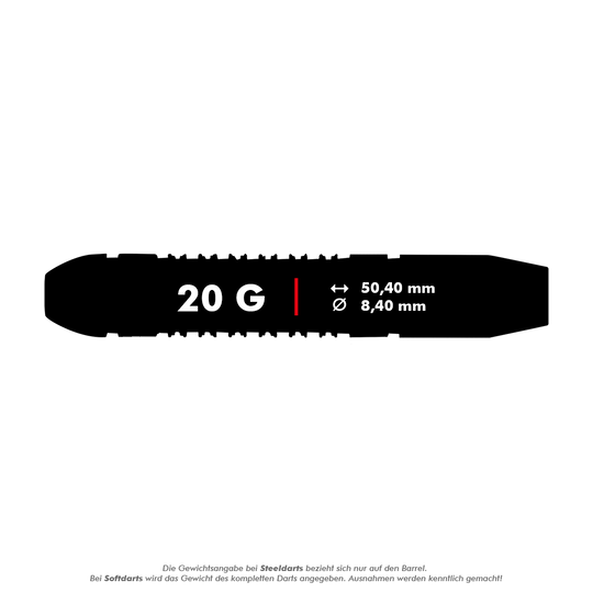 Das Bild zeigt die Produktangaben für den "Unicorn Top Brass V1 Steeldarts - 20g". Es hat ein Gewicht von 20 Gramm, eine Länge von 50,40 mm und einen Durchmesser von 8,40 mm.