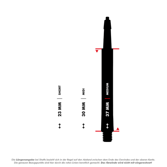 HRC12619_Harrows_Clic_Standard_Shafts_5_37mm Das Bild zeigt die Harrows Clic Standard Shafts in Schwarz in drei verschiedenen Längen. Die Längen sind 23 mm (Short), 30 mm (Midi) und 37 mm (Medium).