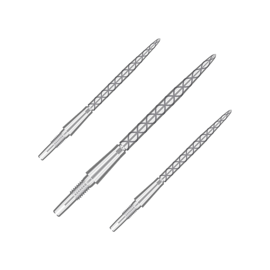 Target Swiss Storm Diamond Point Dartpunten - Zilver Auf dem Bild sind drei silberne Dartspitzen mit einem rautenförmigen Muster zu sehen. Sie sind lang und schmal und liegen nebeneinander auf einem neutralen Hintergrund.
