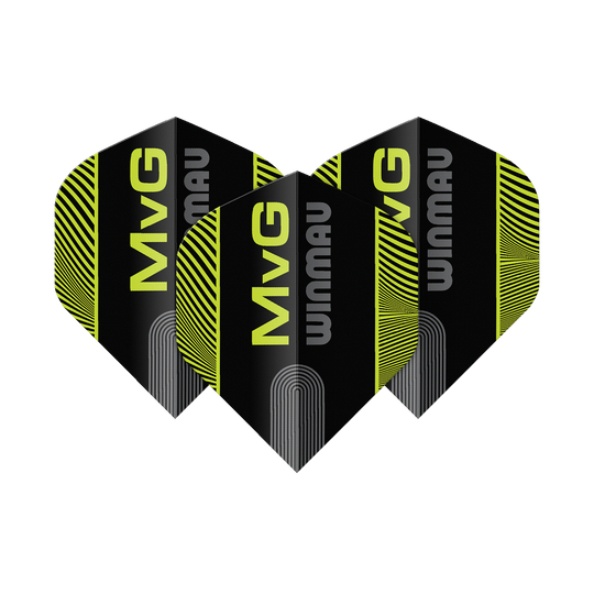 Winmau Prism Delta MvG Zwart Groen Tekst Nr. 2 Standaard Vluchten Das Bild zeigt die Winmau Prism Delta MvG Black Green Text No2 Standard Flights. Es handelt sich um Dart-Flights in Schwarz und Grün mit Text-Design.