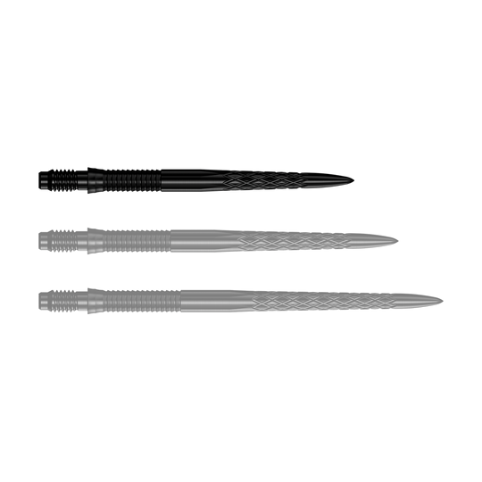 Mission R2.5 Rapid Point DSX dartpunten - Zwart Das Bild zeigt eine Reihe von schwarzen Dartspitzen mit der Bezeichnung 30mm. Die Spitze ist für den Einsatz in Darts geeignet.