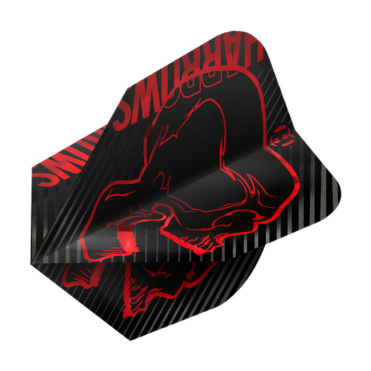 Harrows Rage Red No6-vluchten Das Bild zeigt das Produkt "Harrows Rage Red No6 Flights". Die Flights sind schwarz mit roten Grafiken und Streifen verziert.