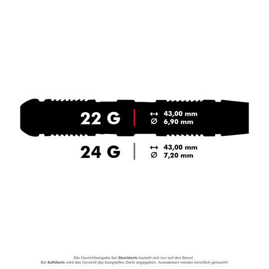Unicorn Ballista Style 2 stalen darts Das Bild zeigt die Maße von Steeldarts in zwei verschiedenen Gewichtsklassen: 22 Gramm und 24 Gramm. Beide Darts sind 43,00 mm lang, aber der Durchmesser beträgt 6,90 mm bei 22 Gramm und 7,20 mm bei 24 Gramm.