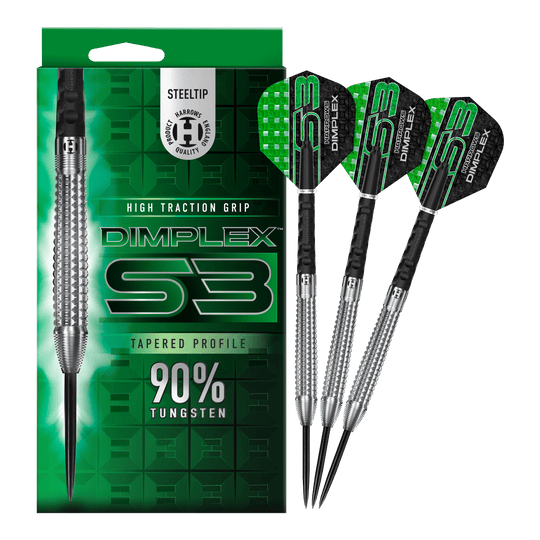 Harrows Dimplex S3 taps toelopende stalen darts Das Bild zeigt die Harrows Dimplex S3 Tapered Steeldarts mit einer auffälligen grünen Verpackung. Drei Steeldarts aus 90% Wolfram sind neben der Verpackung abgebildet.