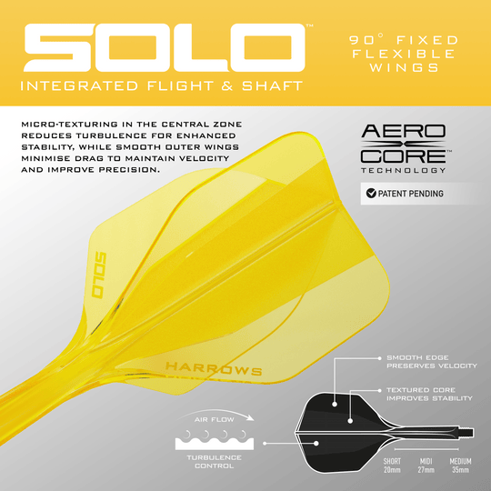 Harrows Solo No6 Flight Shaft System - Geel Abgebildet ist das Harrows Solo No6 Flight-Shaft-System in Gelb. Dieses Produkt wird als Teil für Dartpfeile verwendet.