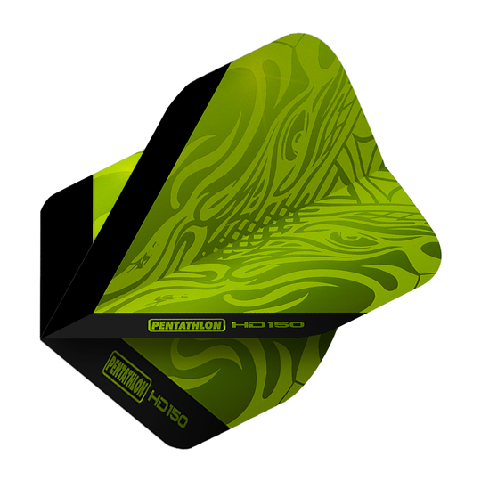 Pentatlon HD150 Metallic Green Standaardvluchten Das Bild zeigt mehrere Pentathlon HD150 Metallic Standard Flights. Die Ecken und Kanten sind klar definiert.