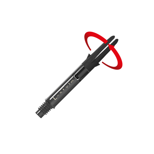 Auf dem Bild ist ein schwarzer Dartshaft aus Carbon der Marke L-Style zu sehen. Am oberen Ende ist eine rote Pfeilmarkierung, die eine Drehbewegung anzeigt.